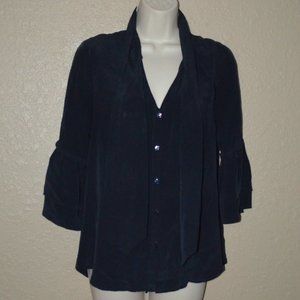 Sz XS L'AGENCE Black Silk 3/4 Bell Sleeve Tie Neck Blouse